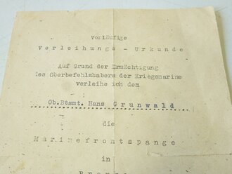 Kriegsmarine, umfangreicher Nachlass eines Angehörigen des Zerstörers " Karl Galster", u.a Marinefrontspange in Bronze mit Verleihungsurkunde. Das Zerstörerkriegsabzeichen ist vermutlich nachträglich vergoldet