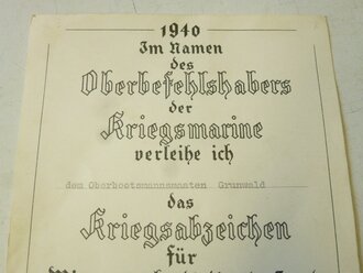 Kriegsmarine, umfangreicher Nachlass eines Angehörigen des Zerstörers " Karl Galster", u.a Marinefrontspange in Bronze mit Verleihungsurkunde. Das Zerstörerkriegsabzeichen ist vermutlich nachträglich vergoldet