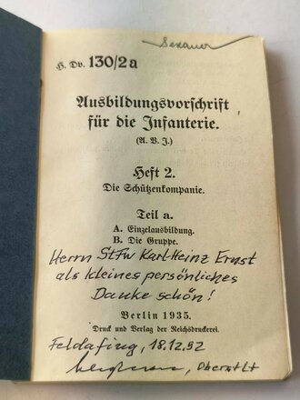 Ausbildungsvorschrift für die Infanterie, Heft 2, Die Schützenkompanie, datiert 1935, 191 Seiten