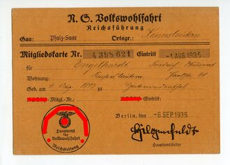 Mitgliedskarte Volkswohlfahrt Kreis Kaiserslautern, datiert 1935