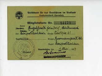 Mitgliedskarte Volksbund für das Deutschtum im Ausland, Landesverband Saar-Pfalz, datiert 1937