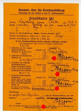 Ausweis über Grundausbildung eines Freiburger Studenten, Grundkarte, datiert 1940
