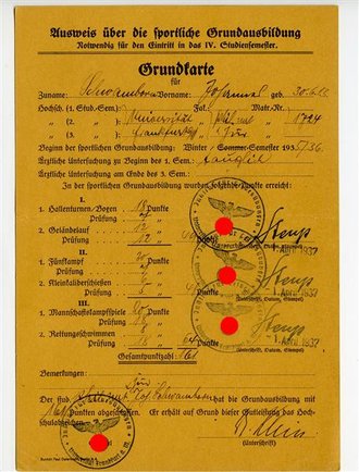 Ausweis über sportliche Grundausbildung eines Frankfurter Studenten, Grundkarte, datiert 1936