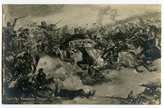 1. Weltkrieg, 3 patriotische Ansichtskarten "Deutsche Kavallerie Attacke" und "Flucht der Russen nach der Schlacht bei Tannenberg 1914"