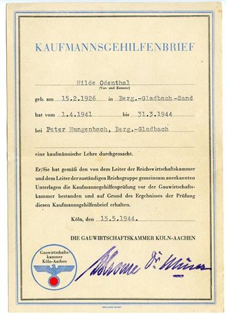 Kaufmannsgehilfenbrief der Industrie und Handelskammer zu Köln, Kreis Berg.-Gladbach-Sand, datiert 1944