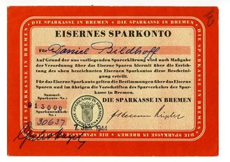 Spar-Kontrollkarte Eisernes Sparkonto Sparkasse Bremen, datiert 1944