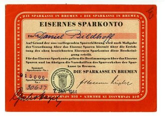 Spar-Kontrollkarte Eisernes Sparkonto Sparkasse Bremen, datiert 1944