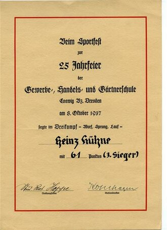 Siegerurkunde des Sportfests der Gewerbe- Handels- und Gärtnerschule in Dresden, datiert 1937