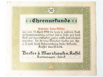 Ehrenurkunde einer Schachtelmacherin, Becker & Marxhausen, Kassel - Kartonagenfabrik, datiert 1934, Maße: 28,5 x 34,5 cm