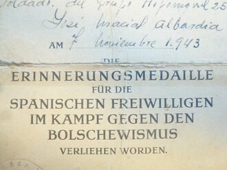 Erinnerungsmedaille für die spanischen Freiwilligen in Kampf des Bolschewismus. Medaille aus Zink, die Urkunde ausgestellt 1943