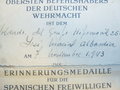 Erinnerungsmedaille für die spanischen Freiwilligen in Kampf des Bolschewismus. Medaille aus Zink, die Urkunde ausgestellt 1943