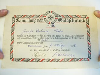 1.Weltkrieg, Goldschmuck Sammlungsurkunde sowie die eiserne Medaille datiert 1918