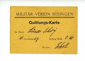 Militär-Verein Bisingen Quittungskarte, datiert 1927