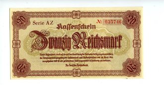 Reichsbanknote 20 Reichsmark, Kassenschein Sudetenland und Niederschlesien, datiert  28.April 1945