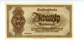 Reichsbanknote 20 Reichsmark, Kassenschein Sudetenland und Niederschlesien, datiert  28.April 1945