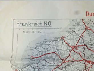 Landkarte 1.Weltkrieg Frankreich " Durchgangsstraßen im Armeegebiet"