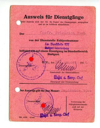 Luftwaffe Ausweis für Dienstgänge eines Obergefreiten aus Stuttgart, datiert 1944-45