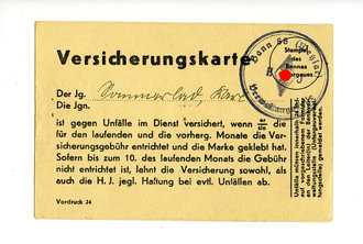 HJ Versicherungskarte, datiert 1936/37, Bann 88 Wetzlar