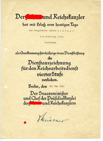 Verleihungsurkunde für die Dienstauszeichnung Reichsarbeitsdienst vierte Stufe. DIN A4, ausgestellt auf einen Truppführer der RAD Abteilung 3/240 Nohfelden