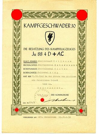 Luftwaffe Kampfgeschwader 30, Sehr seltene Urkunde  über die Beschädigung eines feindlichen U-Bootes in der Straße von Sizilien 1942.
