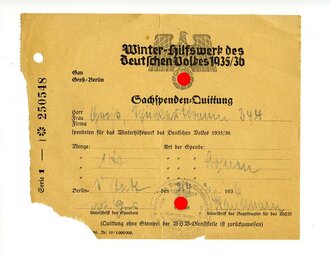 WHW Sachspenden-Quittung, datiert 1935/36
