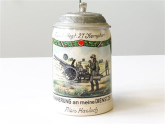 Bierkrug, Zur Erinnerung an meine Dienstzeit 1./ Art. Regt. 27 Kempten. Unbeschädigtes Stück in gutem Zustand