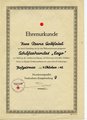 Ehrenurkunde der Hundeersatzstaffel Nachrichten Ersatzabteilung 9 . DIN A4 mit Blindprägehoheitszeichen  " hat durch Gestellung des für den Wehrmachtseinsatz geeigneten Schäferhundes " Ergo" zur Stärkung der Landesverteidigung beigetragen". Selten