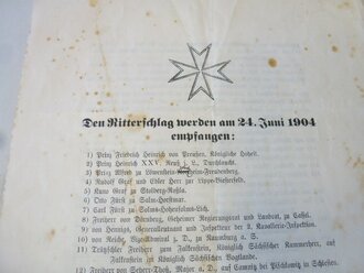 Ritterschlag des Johanniterordens in der Ordensstadt Sonnenburg 1904, grossformatige Mappe mit 16 Hartkartonseiten, 4 Einzelfotos sowie der Namensliste der den Ritterschlag empfangenden., dazu ein Anschreiben des Grafen von Reischach, sehr dekorativ