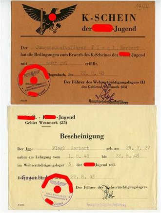 K-Schein der Hitler-Jugend eines Angehörigen des Gebietes Westmark