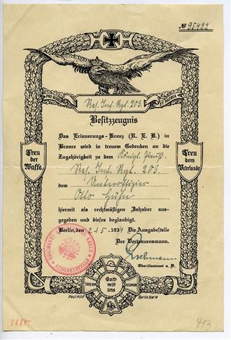 Besitzzeugnis zum Regiments Erinnerungs Kreuz des Preussischen Kriegerverbandes. DIN A5