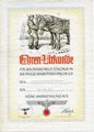 Ehren Urkunde "Für besonders Treue Fürsorge in der Pflege seiner Pferde" DIN A4 Urkunde, ausgestellt auf einen Obergefreiten der Sanitäts Kompanie 1/30. Selten