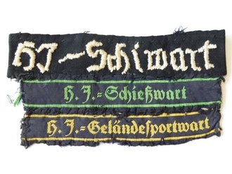 3 Ärmelbänder HJ, wohl so zusammen getragen bestehend aus HJ-Schiwart, HJ Schießwart und HJ Geländesportwart. Selten