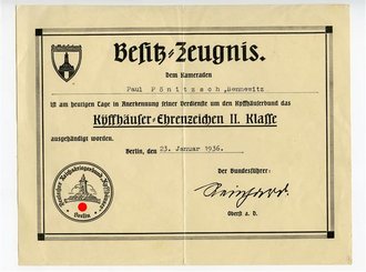 Besitz Zeugnis für das Kyffhäuser Ehrenzeichen 2.Klasse,...