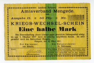 Kriegs Wechsel Schein über eine halbe Mark des Amtsverband Mengede datiert 1917