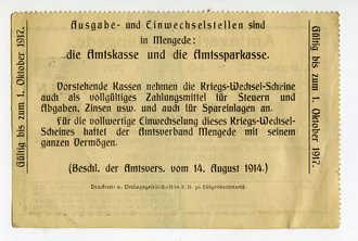 Kriegs Wechsel Schein über eine halbe Mark des Amtsverband Mengede datiert 1917