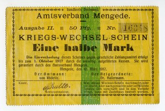 Kriegs Wechsel Schein über eine halbe Mark des Amtsverband Mengede datiert 1917