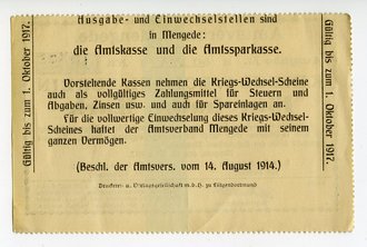 Kriegs Wechsel Schein über eine halbe Mark des Amtsverband Mengede datiert 1917