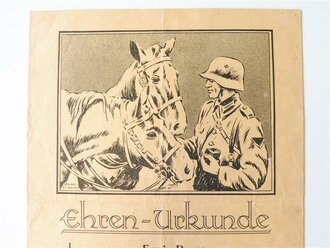 Ehren Urkunde für Verdienste um das Pferd an der Front datiert 1944. Großformatige Urkunde, leicht geknickt, selten