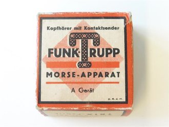 Kinderspielzeug 2.Weltkrieg, Kopfhörer und Morsetaste für das Spiel " Funk Trupp" von Trix. Beide Stücke in sehr gutem Zustand in der originalen Umverpackung.