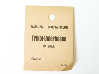 Originales Pappschild für 10 Stück Trikot-Unterhosen der Wehrmacht mit Reichsbetriebsnummer