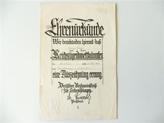 Ehrenurkunde der Reichsjugendwettkämpfe in Bautzen, datiert 1927