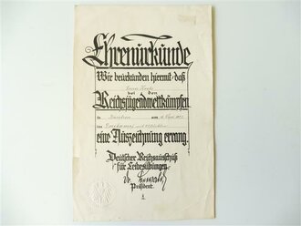 Ehrenurkunde der Reichsjugendwettkämpfe in Bautzen, datiert 1927