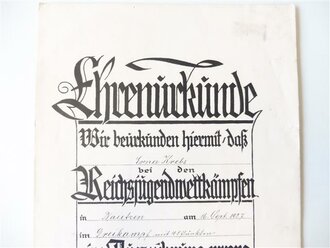 Ehrenurkunde der Reichsjugendwettkämpfe in Bautzen, datiert 1927