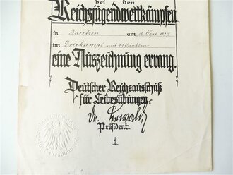 Ehrenurkunde der Reichsjugendwettkämpfe in Bautzen, datiert 1927