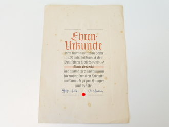 Ehrenurkunde dem Ehrenamtlichen Helfer im Winterhilfswerk des deutschen Volkes 1938/39
