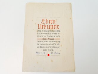 Ehrenurkunde dem Ehrenamtlichen Helfer im Winterhilfswerk des deutschen Volkes 1938/39