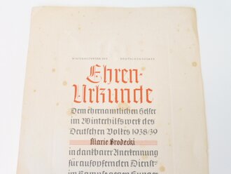 Ehrenurkunde dem Ehrenamtlichen Helfer im Winterhilfswerk des deutschen Volkes 1938/39