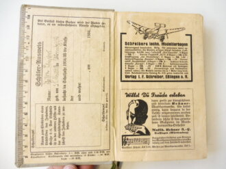 Dr. Spohrs Schüler-Kalender mit Schülerausweis, Seiten teilweise abgerissen, datiert 1934, kleinformatig