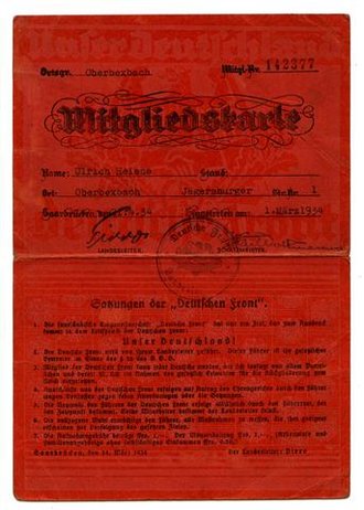 Mitgliedskarte der " Deutschen Front" einer Angehörigen aus Oberbexbach