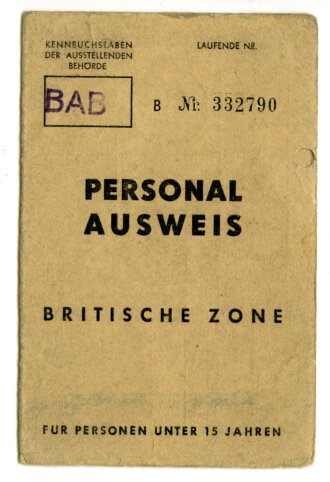 Nachkrieg, Personalausweis Britische Zone  für Personen unter 15 Jahre Köln